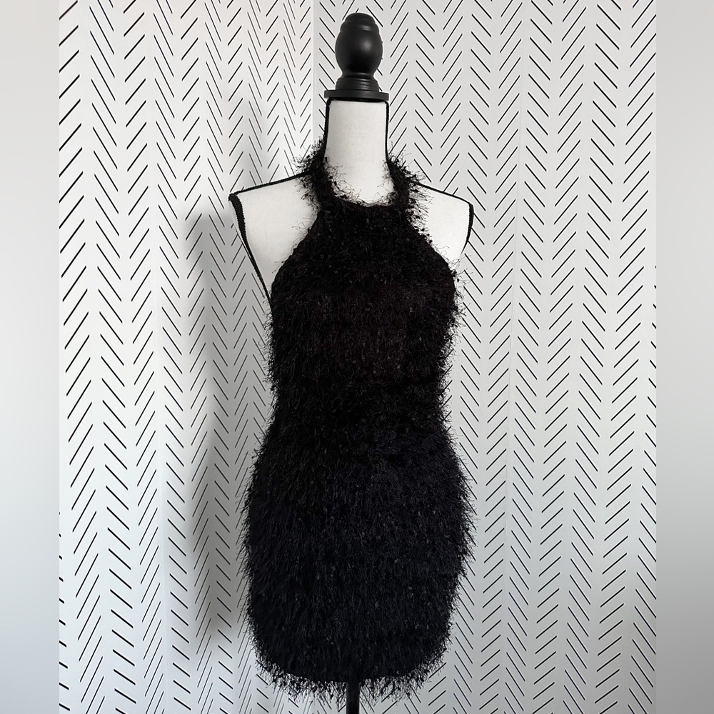 Black fuzzy backless halter neck bodycon party dress |